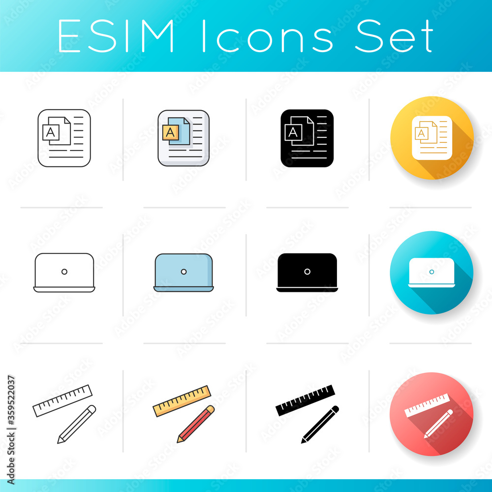 Poster copy writing elements icons set. article in document. single notebook. laptop for remote work. ruler