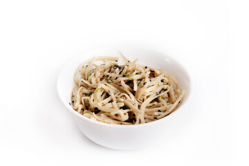 Nutrition concept - Healthy food, Diet, Detox, Clean Eating or Vegetarian concept. Healthy pasta in a white bowl over white background
