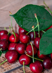 Background of red ripe cherries. Sweet ripe berry. View from above. Close-up