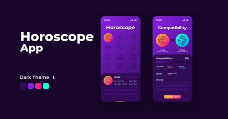 Astrology app cartoon smartphone interface vector templates set. Mobile app screen page night mode design. Daily horoscope and compatibility UI for application. Phone display with flat illustrations - obrazy, fototapety, plakaty