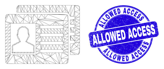 Fototapeta premium Web carcass user id cards icon and Allowed Access seal. Blue vector rounded scratched seal with Allowed Access text. Abstract frame mesh polygonal model created from user id cards icon.