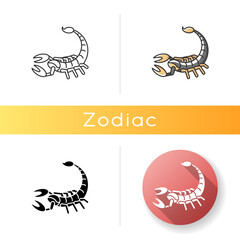 Scorpio zodiac sign icon. Astrological scorpion. Linear black and RGB color styles. Dangerous predatory arachnid. Poisonous animal with claws and long tail. Isolated vector illustrations