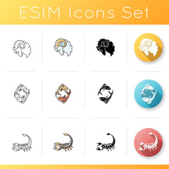 Zodiac signs icons set. Linear, black and RGB color styles. Aries, scorpio and pisces horoscope symbols. Ram, fish and scorpion astrological birth signs. Isolated vector illustrations