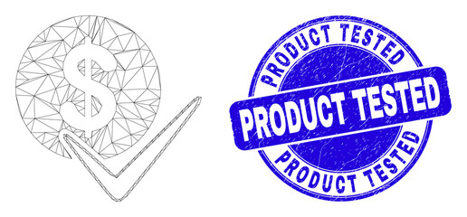 Obraz premium Web carcass valid dollar coin icon and Product Tested seal stamp. Blue vector round grunge seal stamp with Product Tested caption.