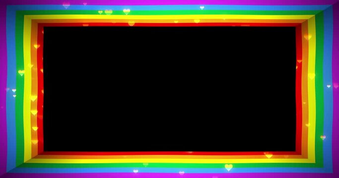 Animated frame with rainbow colors and hearts decoration. Waving movement. Concept background of gay pride, LGBT flag or happiness. Frame with blank space on center. Loop animation, alpha matte. - Powered by Adobe