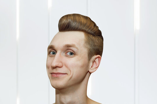 Young ginger man with pompadour haircut, real photo hair for barbershop old fashioned, side