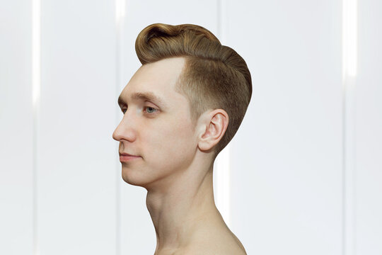 Young ginger guy with pompadour haircut, real photo hair for barbershop old fashioned