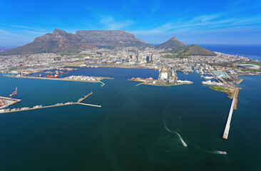 Cape Town, Western Cape / South Africa - 09/04/2017: Aerial photo of Cape Town with Table Mountain in the background