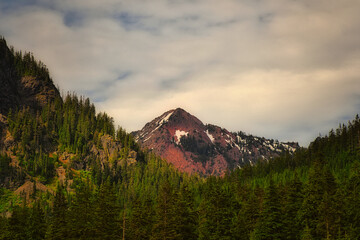 2020-06-19 A MOUNTAIN TOP WITH EVERGREENS AT THE FOOT ON THE SNOQUALMIE PASS IN WASHINGTON STATE