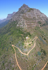 Cape Town, Western Cape / South Africa - 10/25/2018: Aerial photo of paths on Table Mountain and Rhodes Memorial