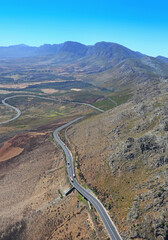 Cape Town, Western Cape / South Africa - 03/19/2018: Aerial photo of Sir Lowry's Pass
