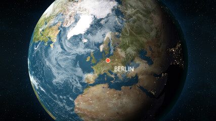 3D illustration depicting the location of Berlin, Germany on a globe seen from space.