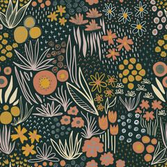 Materiał do szycia Autumn Flower field fall colors seamless pattern. Repeating liberty doodle flower meadow on a dark background. Repeating Scandinavian style line art florals. For Thanksgiving, fabric, wallpaper