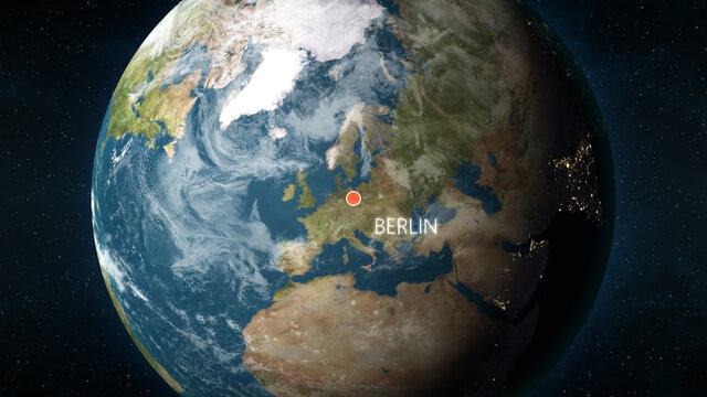 3D illustration depicting the location of Berlin, Germany on a globe seen from space. © Colin Cramm