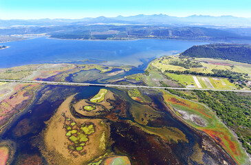 Sedgefield, Western Cape / South Africa - 02/05/2019: Aerial photo of Sedgefield bridge and estuary