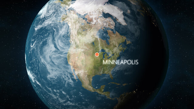 3D illustration depicting the location of Minneapolis, Minnesota in the United States of America, on a globe seen from space. © Colin Cramm