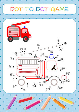 Drawing for coloring: fire truck with a climbing ladder. Numbers game, education dot to dot game for children. Coloring book. Cartoon vector illustration