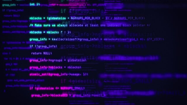 Blocks of abstract program code are written and moved in the virtual space. Blue and purple code. Data flow animation. IT, software development and hacking concept. encrypted security code