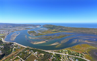 Knysna, Western Cape / South Africa - 02/15/2019: Aerial photo of Knysna Lagoon and Heads