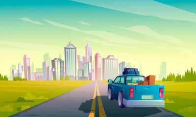 Relocation to another city, wagon truck with freight in open trunk rear view moving by two-lane road with grass on roadside to modern megapolis with skyscraper buildings, Cartoon vector illustration © klyaksun