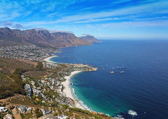 Cape Town, Western Cape / South Africa - 03/28/2018: Aerial photo of Clifton and Camps Bay