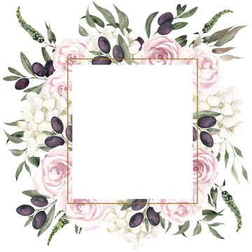 Frame with watercolor hand draw flowers, leaves and branches of olives, isolated on white background