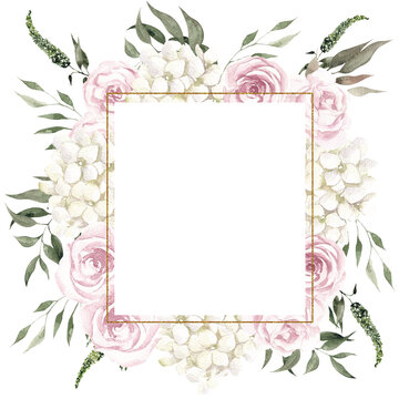 Frame with elegant flowers and leaves, isolated on white background