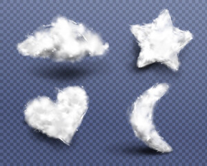 Realistic cotton wool, clouds or wadding balls set isolated on transparent background. Smooth soft pieces of white fluffy material, pure fiber in shape of heart, star and moon 3d vector icons, clipart