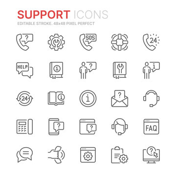 Collection of technical support related line icons. 48x48 Pixel Perfect. Editable stroke