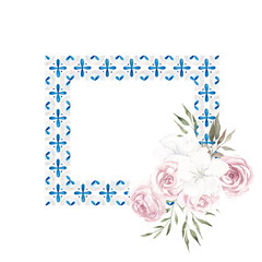 Watercolor frame with Santorini tile and floral element, isolated on white background