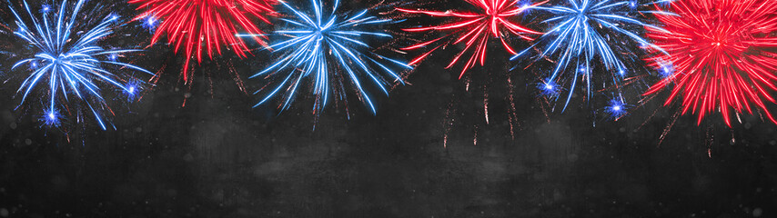 FIREWORK background banner panorama - Colorful blue red orange festive firework in summer party / silvester, in the dark night, with copy space