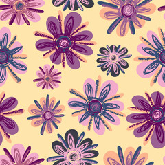 Obraz premium Vector seamless pattern colorful design of hand-drawn sketched flower doodles on purple background. The design is perfect for backgrounds, textiles, wrapping paper, wallpaper, decorations and surfaces