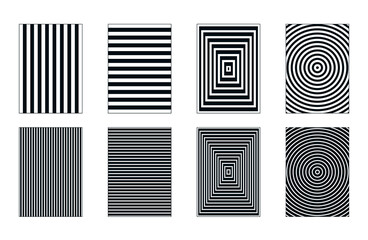 Optical black and white stripes, lines of blend style, shapes with big and small size. Patterns with a ripple effect and concentric circles