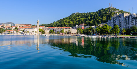 Cityscape of Ploce with the Catholic Church. Ploče is a city in the region of Split-Dalmatia County, Croatia