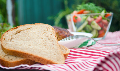 Cutlets with buckwheat porridge and salad. Healthy eating concept. Macro photo. Top view and side view. Erupny plan of the dish.