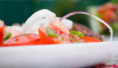 Cutlets with buckwheat porridge and salad. Healthy eating concept. Macro photo. Top view and side view. Erupny plan of the dish.