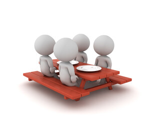3D Characters sitting on picnic dinner table