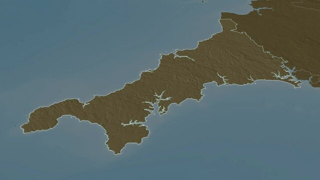 Cornwall, administrative county with its capital, zoomed and extruded on the administrative map of England in the conformal Stereographic projection. Animation 3D