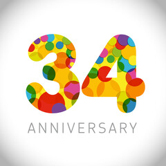 34 th anniversary numbers. 34 years old multicolored congrats. Cute congratulation concept. Isolated abstract graphic design template. Age digits. Up to 34%, -34% percent off discount. Decorative sign