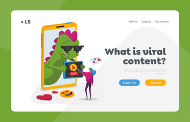 Viral Content Spreading, Watch Landing Page Template. Tiny Female Character at Huge Smartphone with Funny Dragon on Screen Using Mobile Push Play Button on Gadget Device. Cartoon Vector Illustration