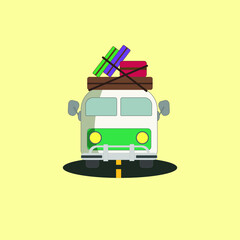 An illustration of a bus on a road with luggage on top of it.