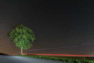 Sternenhimmel im Sommer mit einem Baum angeleuchtet mit Lichtspuren an einer Straße,  Deutschland