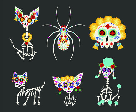 Dia de Los Muertos, Day of the Dead or Mexico Halloween skull collection. Set of skeleton animals, dogs and spider. 