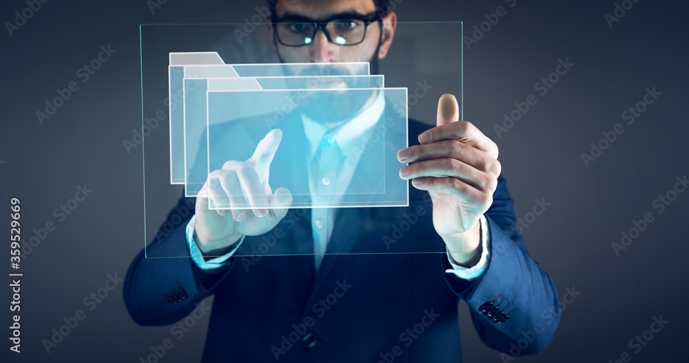 Poster man hand file in screen