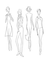 Fashion women. Drawing black outline model set.