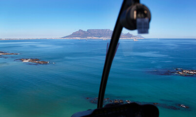 Cape Town, Western Cape / South Africa - 07/26/2011: Aerial photo of a pilots view of Table Bay from Table View with Table Mountain in the background