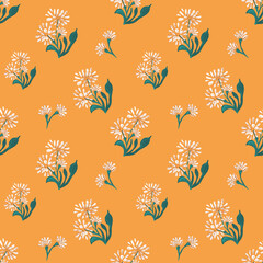 Seamless pattern with daisy flowers. Gouache hand drawn illustration isolated on orange background for web pages, wedding invitations, date cards, textiles, packaging, fabric, wallpaper.