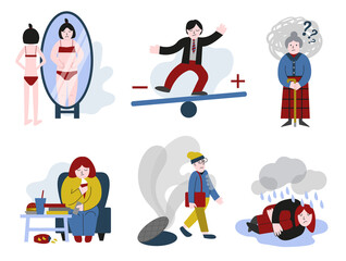 Anorexia, bulimia, depression, eating and bipolar disorder, paranoia, panic attack, dementia. Mental illness concepts, behavioral problem and psychiatric condition. Set of flat vector illustrations.