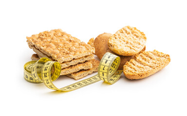 Rusk bread. Dried crispbread and knackebrot with measuring tape