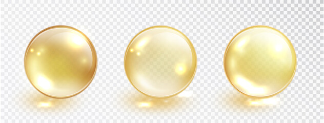 Gold oil bubble set isolated on transparent background. Vector realistic yellow serum droplet of drug or collagen essence. Vitamin translucent pill.